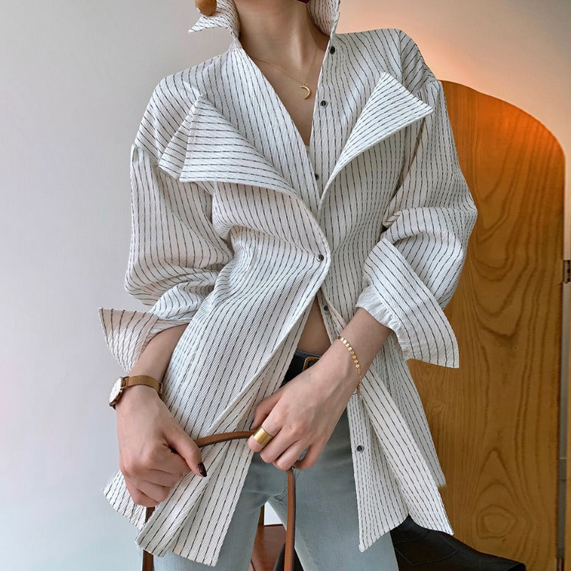 Spring New Casual Slim Type With Suit Collar Side Opening Long-Sleeved Fashion Striped Women's Shirt eprolo