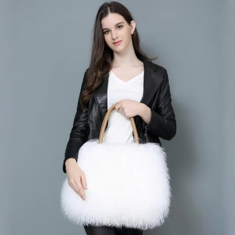 Real Mongolian Fur Bags Australian Beach Wool Fur Shoulder Bag Ladies Tibet Lamb Fur Wrist Bag Large Capacity eprolo