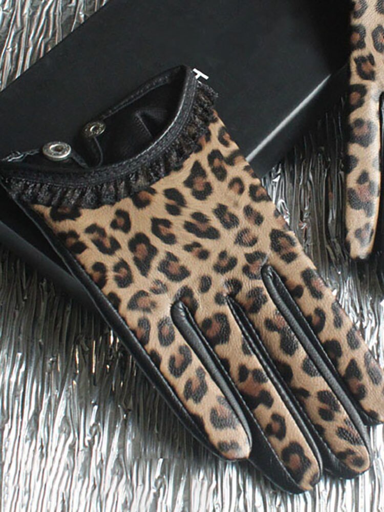 Fashion Women's Short Leather Gloves Lace Edge Leopard Sheepskin Gloves Clothing Accessories Autumn New eprolo