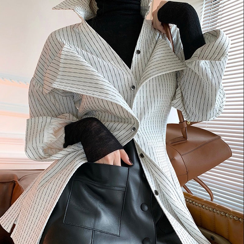 Spring New Casual Slim Type With Suit Collar Side Opening Long-Sleeved Fashion Striped Women's Shirt eprolo