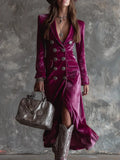 Chic British Style Double-Breasted Fitted Velvet Dress with Suit Collar for Women eprolo