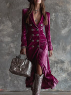 Chic British Style Double-Breasted Fitted Velvet Dress with Suit Collar for Women eprolo