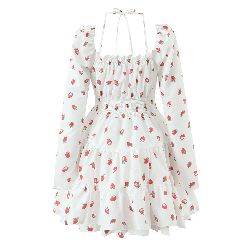 Strawberry print bubble sleeves hanging neck square neck short skirt long sleeved dress eprolo