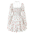 Strawberry print bubble sleeves hanging neck square neck short skirt long sleeved dress eprolo