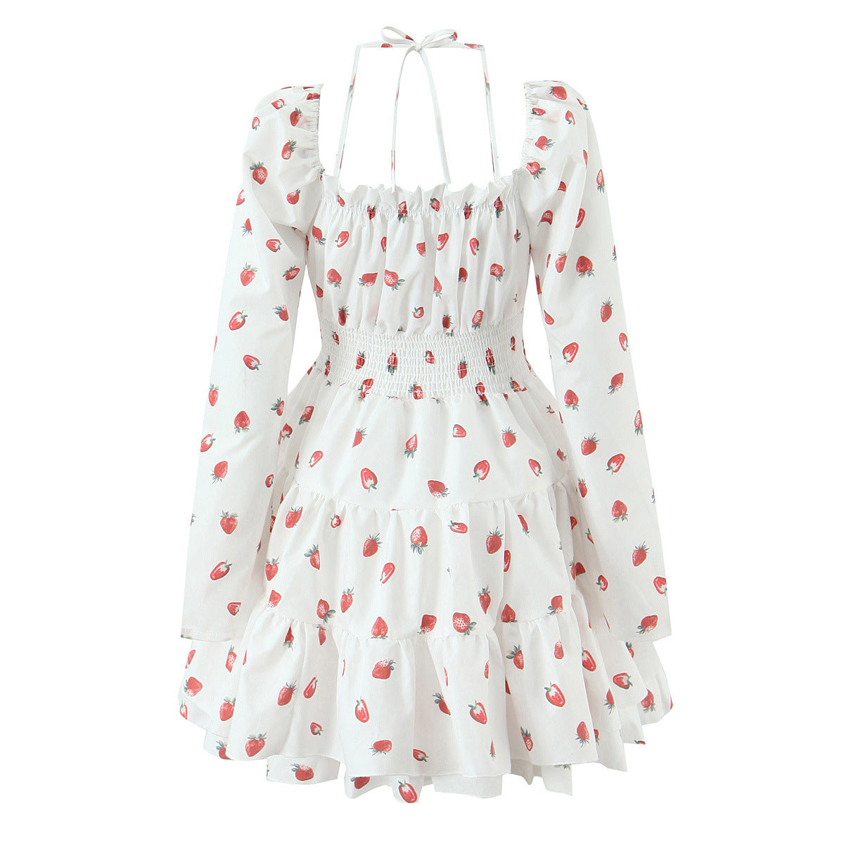 Strawberry print bubble sleeves hanging neck square neck short skirt long sleeved dress eprolo