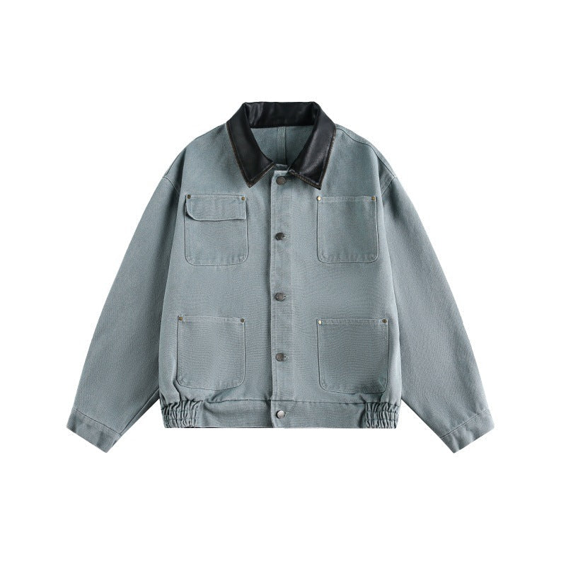 Multi-Pocket Spliced Leather Collar Loose All-Match Work Jacket Men eprolo