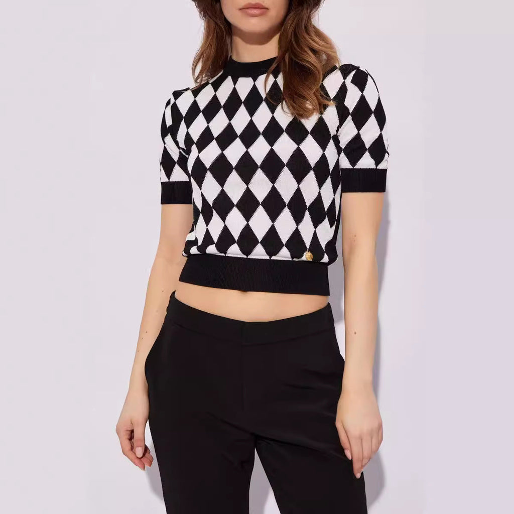 High quality short sleeved niche knitwear women's new diamond grid age reducing shirt top eprolo
