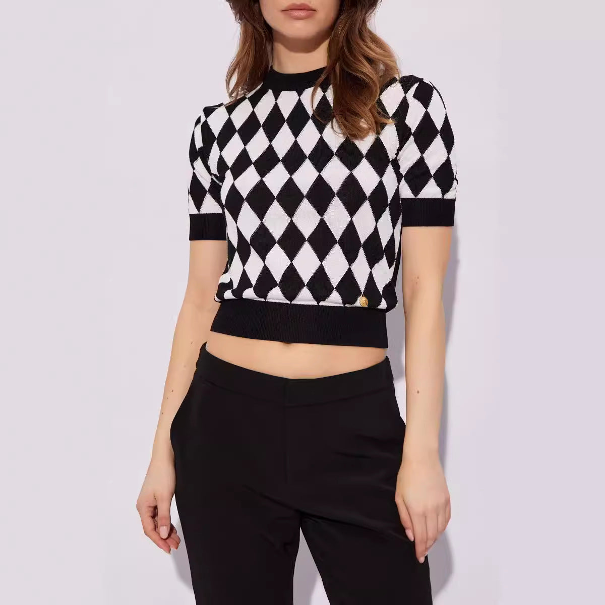 High quality short sleeved niche knitwear women's new diamond grid age reducing shirt top eprolo