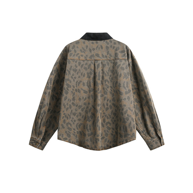 Loose heavy industry vintage leopard print long sleeved denim shirt for men and women eprolo