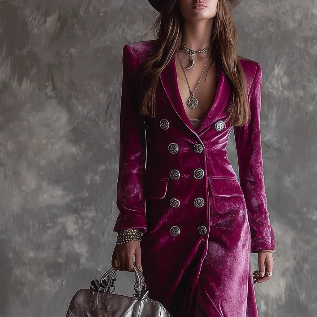 Chic British Style Double-Breasted Fitted Velvet Dress with Suit Collar for Women eprolo
