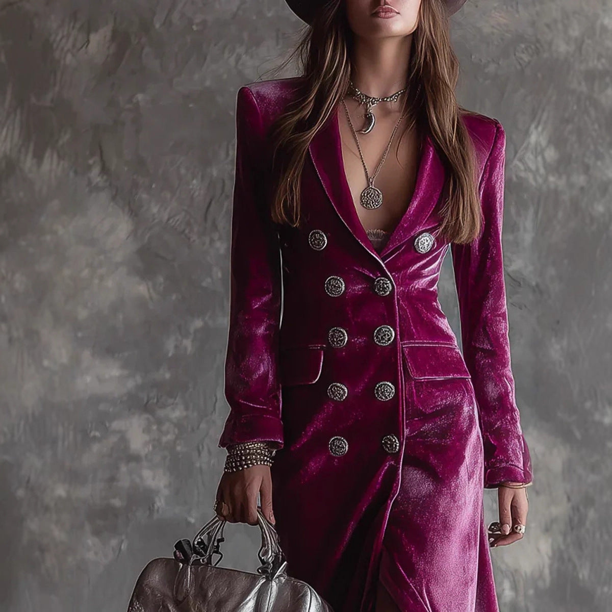 Chic British Style Double-Breasted Fitted Velvet Dress with Suit Collar for Women eprolo