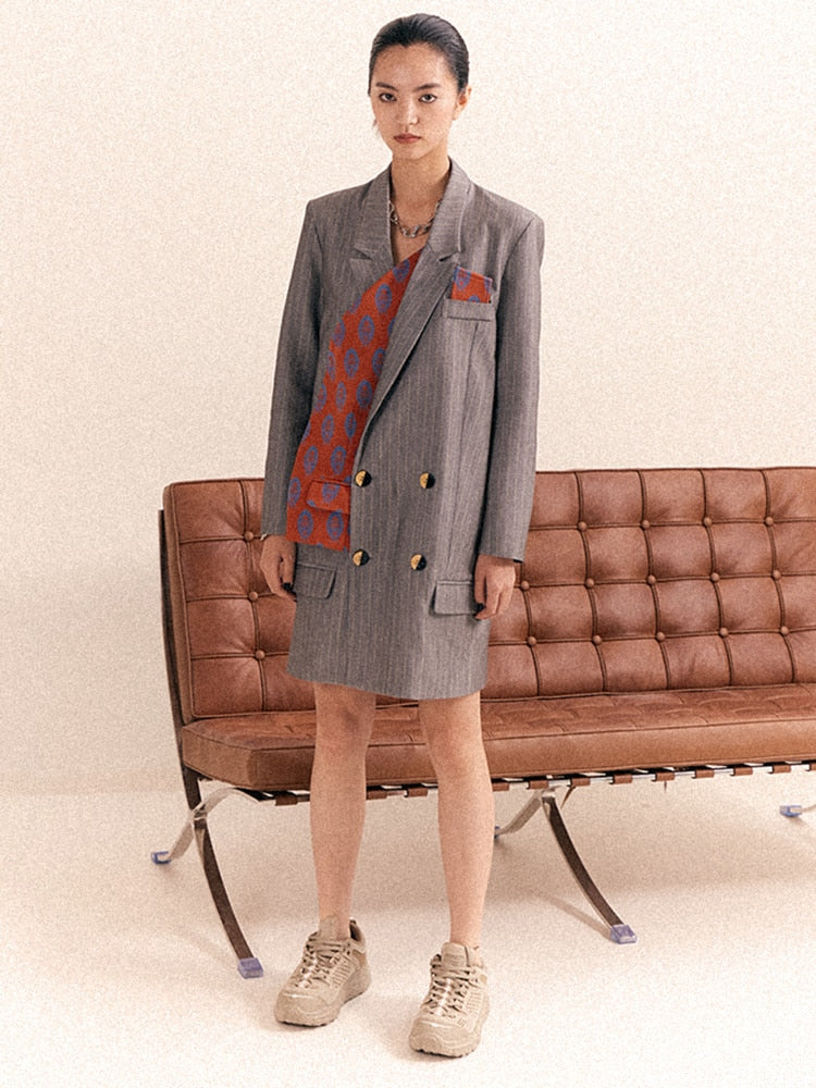 Women Gray Striped Long Big Size Blazer New Lapel Long Sleeve Loose Fit Jacket Fashion Trend Spring Autumn eprolo