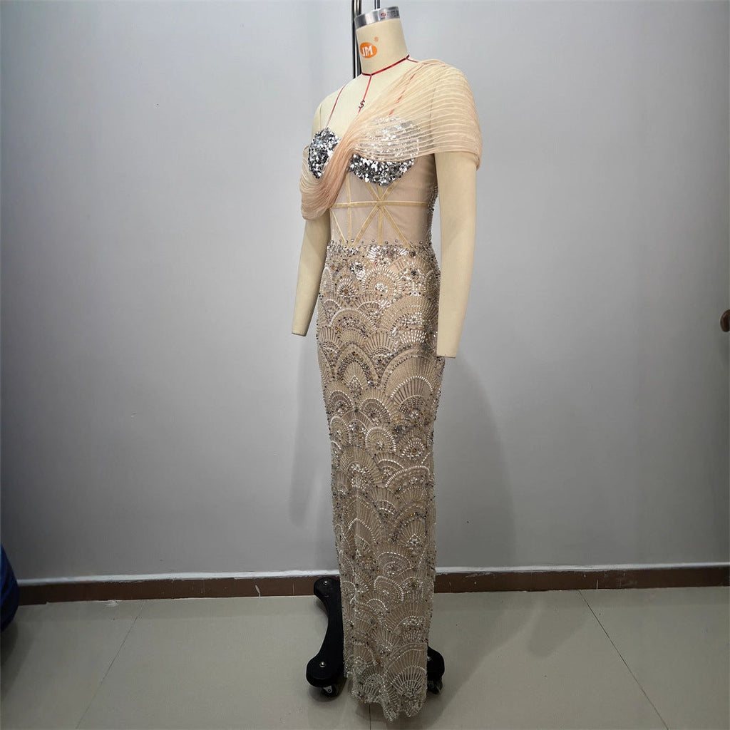 Sexy Design Mesh Sleeveless Fitted Sequined Long Length Bodycon Party Wholesale Women's Dress eprolo