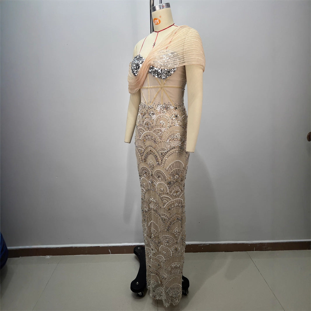 Sexy Design Mesh Sleeveless Fitted Sequined Long Length Bodycon Party Wholesale Women's Dress eprolo