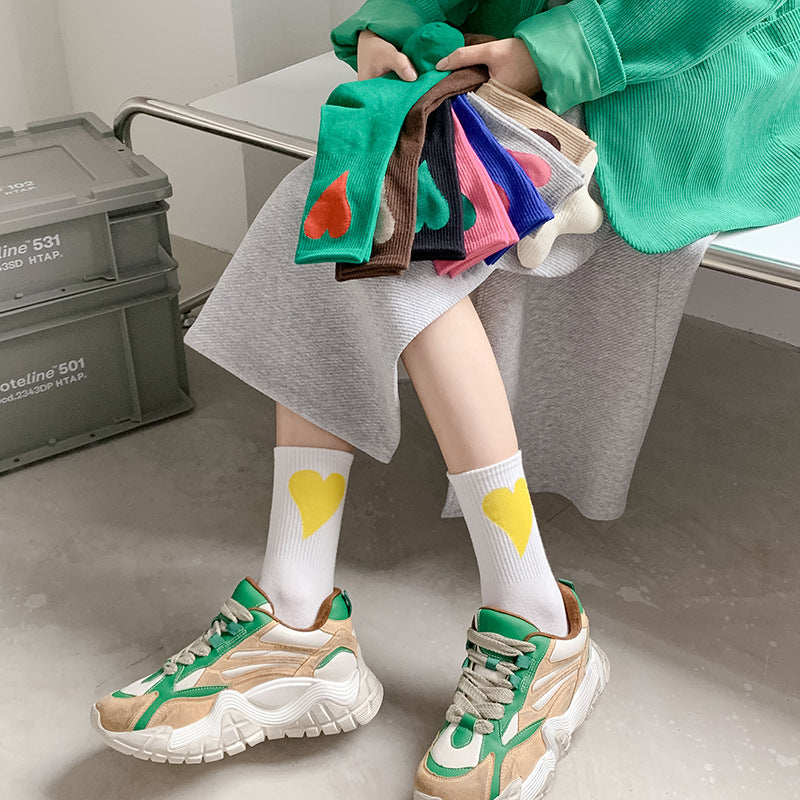 Spring and summer women's large heart-shaped sports socks, INS Korean style mid calf sports socks, Macaron Color sports socks 3 pairs eprolo