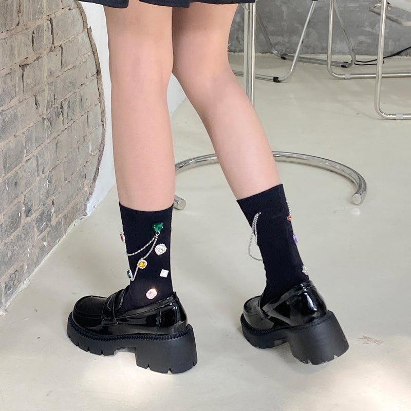 Summer and Spring European Luxury Love Diamond Black Chain Middle Tube Stacked Socks eprolo