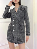 Denim Slim Dress For Women V Neck Long Sleeve High Waist Solid Mini Dresses Female Autumn Clothing Style New eprolo