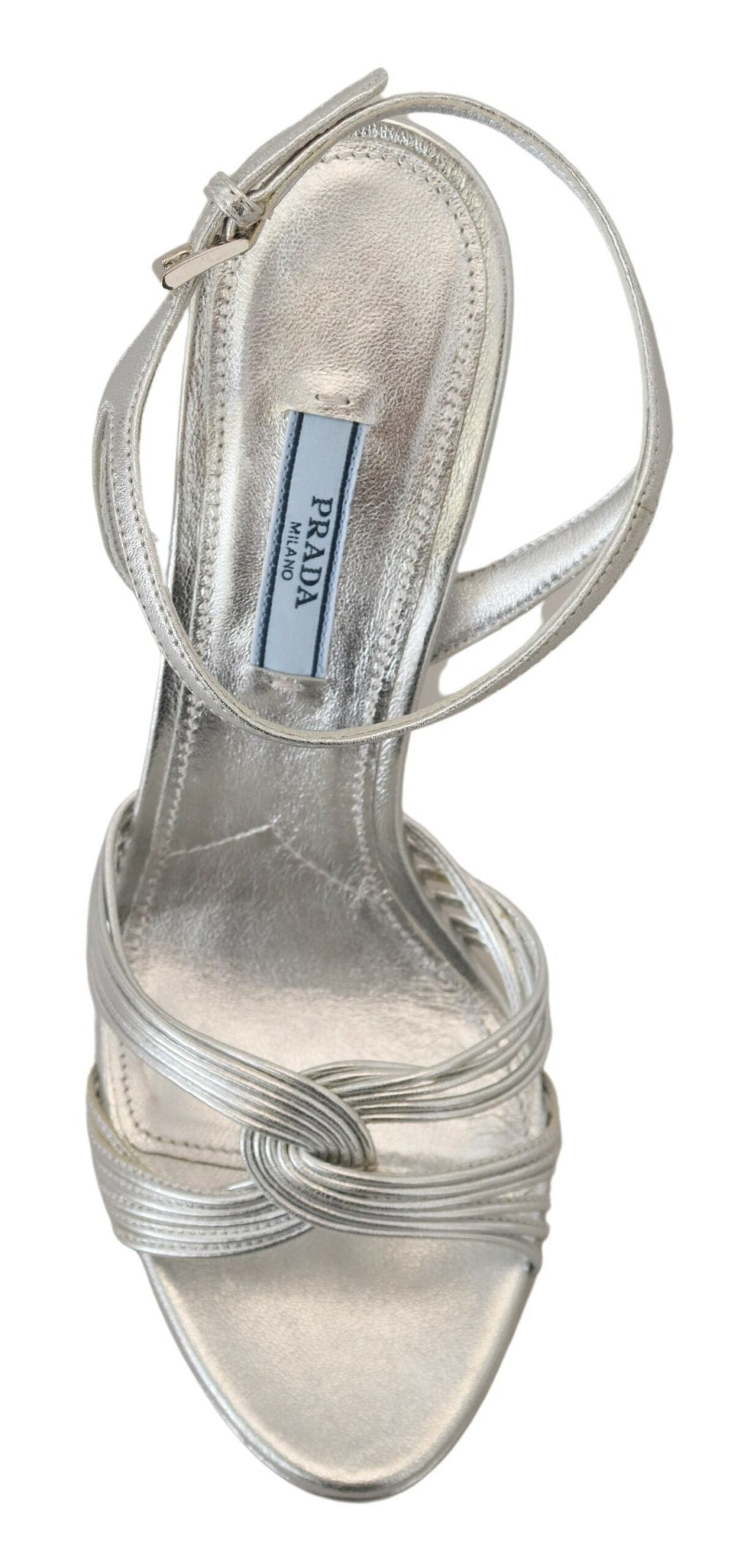 Prada Silver Leather Sandals Ankle Strap Heels Stiletto Prada