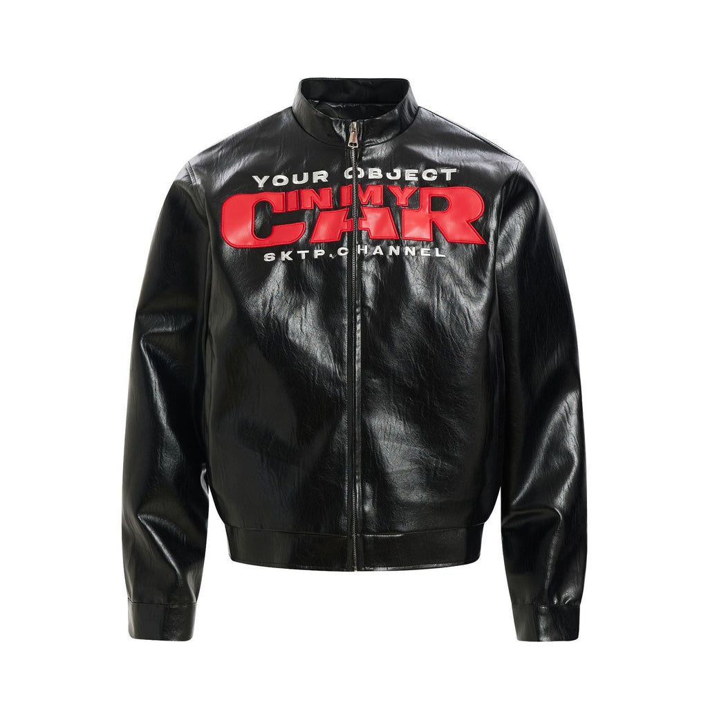 Retro PU Leather Jacket for Men with Deconstructed Patch Letter Design, Loose Fit, Streetwear Style eprolo