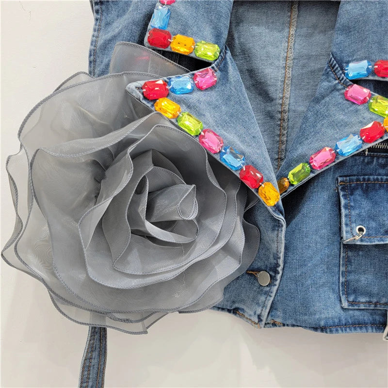 Suit collar ribbon flower denim vest women's vest eprolo