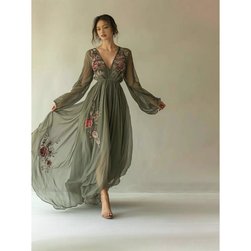 Spring/Summer Amazon Independent Station Cross border Digital Positioning Printed Long Sleeve Long Collar Dress Long Skirt eprolo