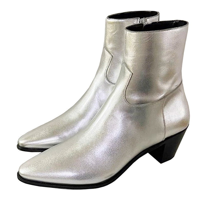 Brand new vintage ancient style men sliver boots point toe  zip up casual shinny leather booties party shoes male eprolo