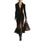 Autumn and Winter Women's Velvet Gorgeous Collar Zipper Front slit Long Dress eprolo