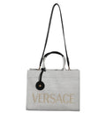 Versace White Top Handle Canvas Leather Logo Crossbody Tote Bag Versace