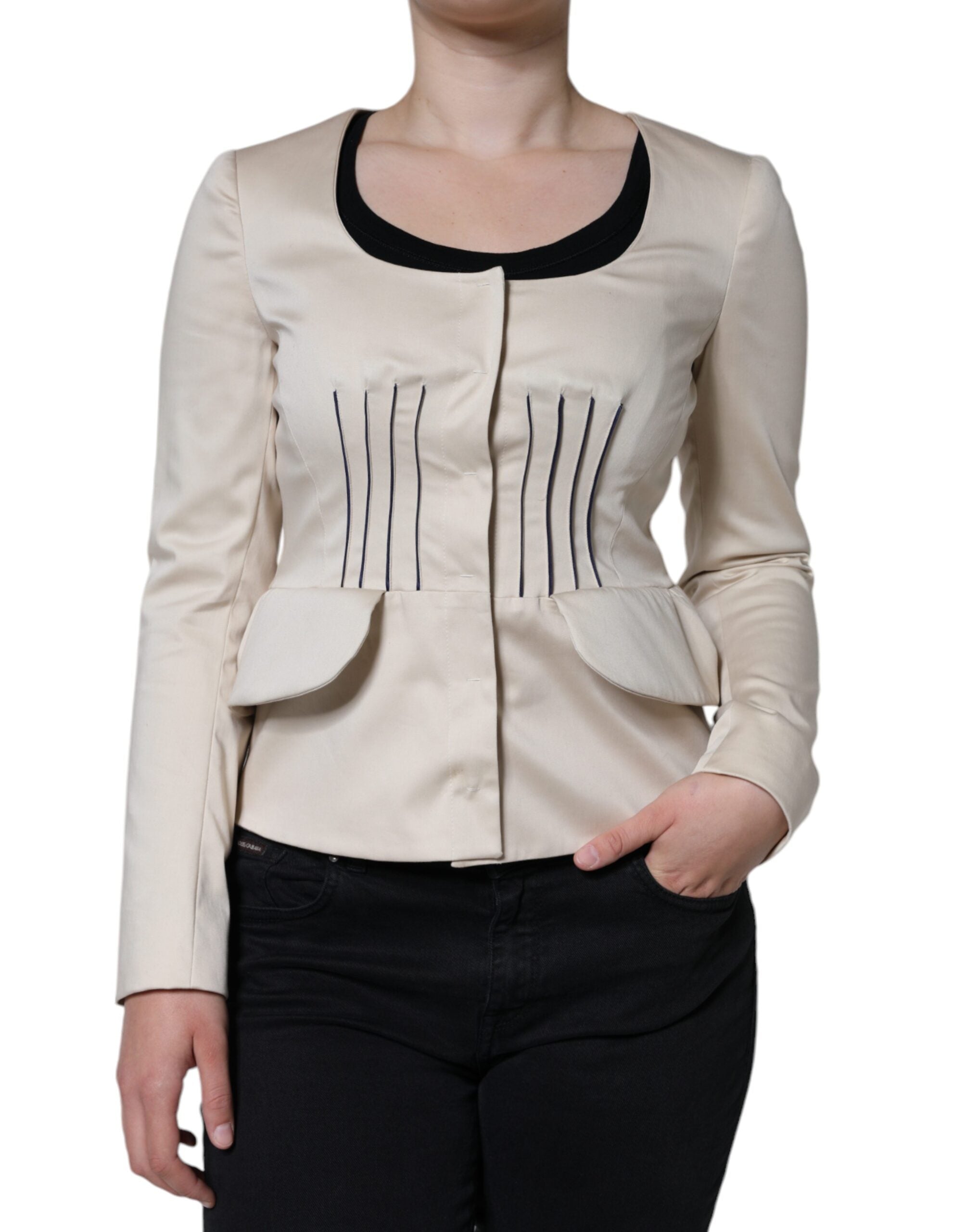 Valentino Beige Cotton Long Sleeves Round Neck Blazer Jacket Valentino