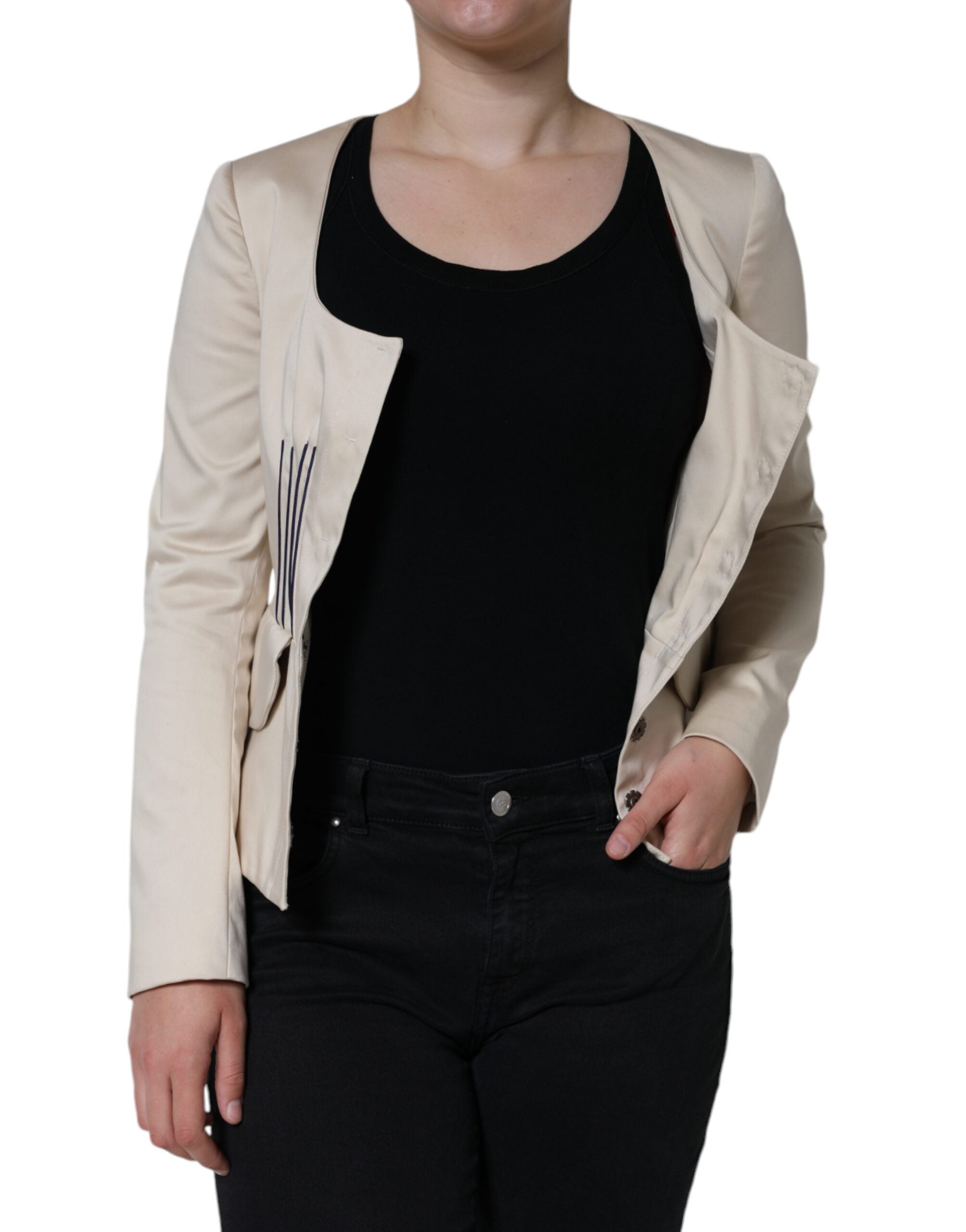 Valentino Beige Cotton Long Sleeves Round Neck Blazer Jacket Valentino