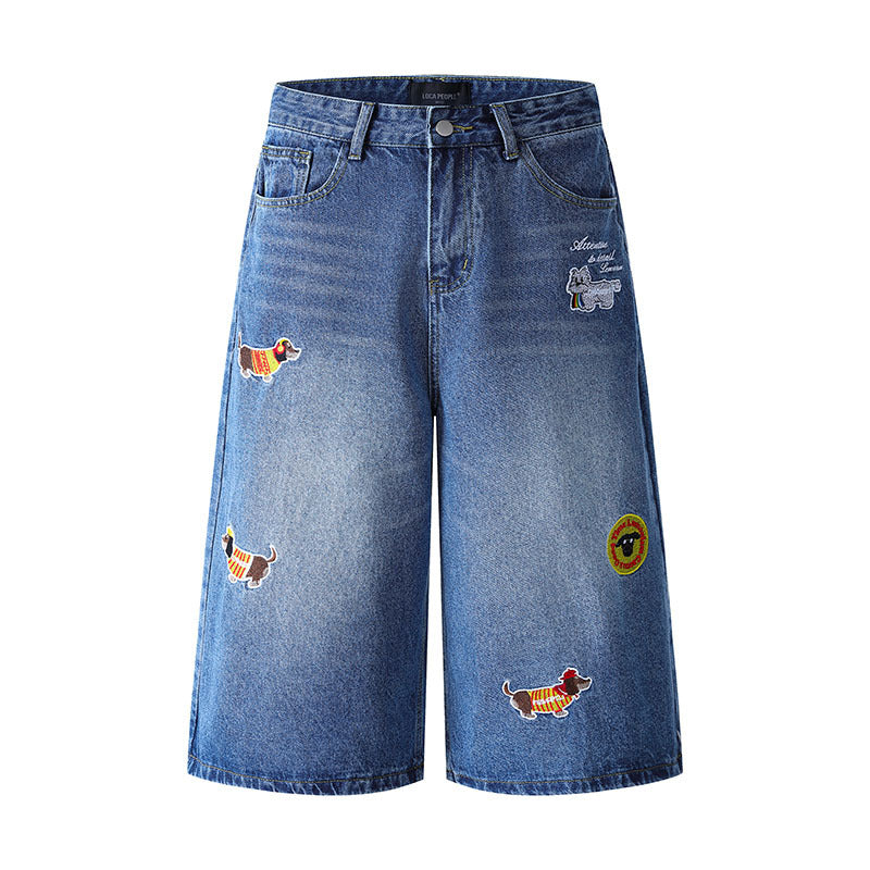 Jeans with Dog Applique Embroidery, Loose Straight Leg Denim Pants for Men and Women eprolo