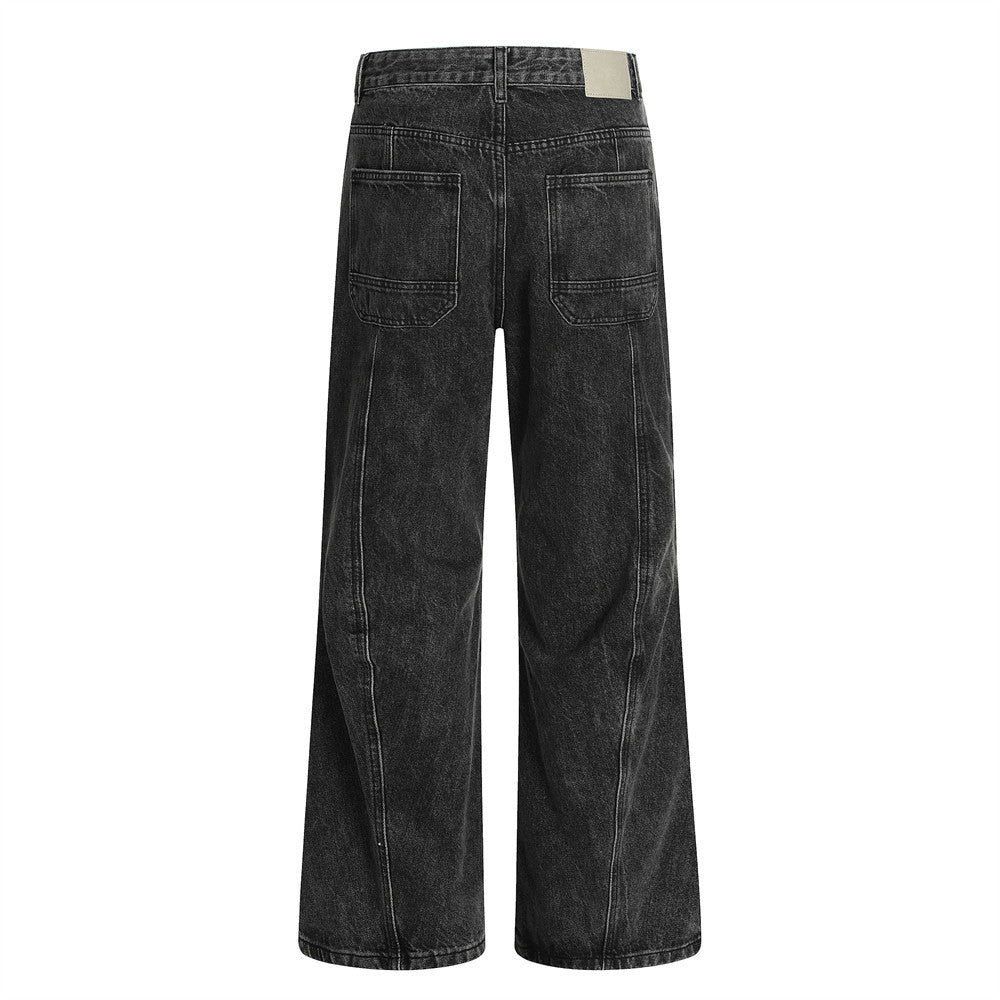 Washed Vintage Denim Trousers Punk Street Style Deconstructed Design Loose Fit Straight Leg Pants for Men eprolo