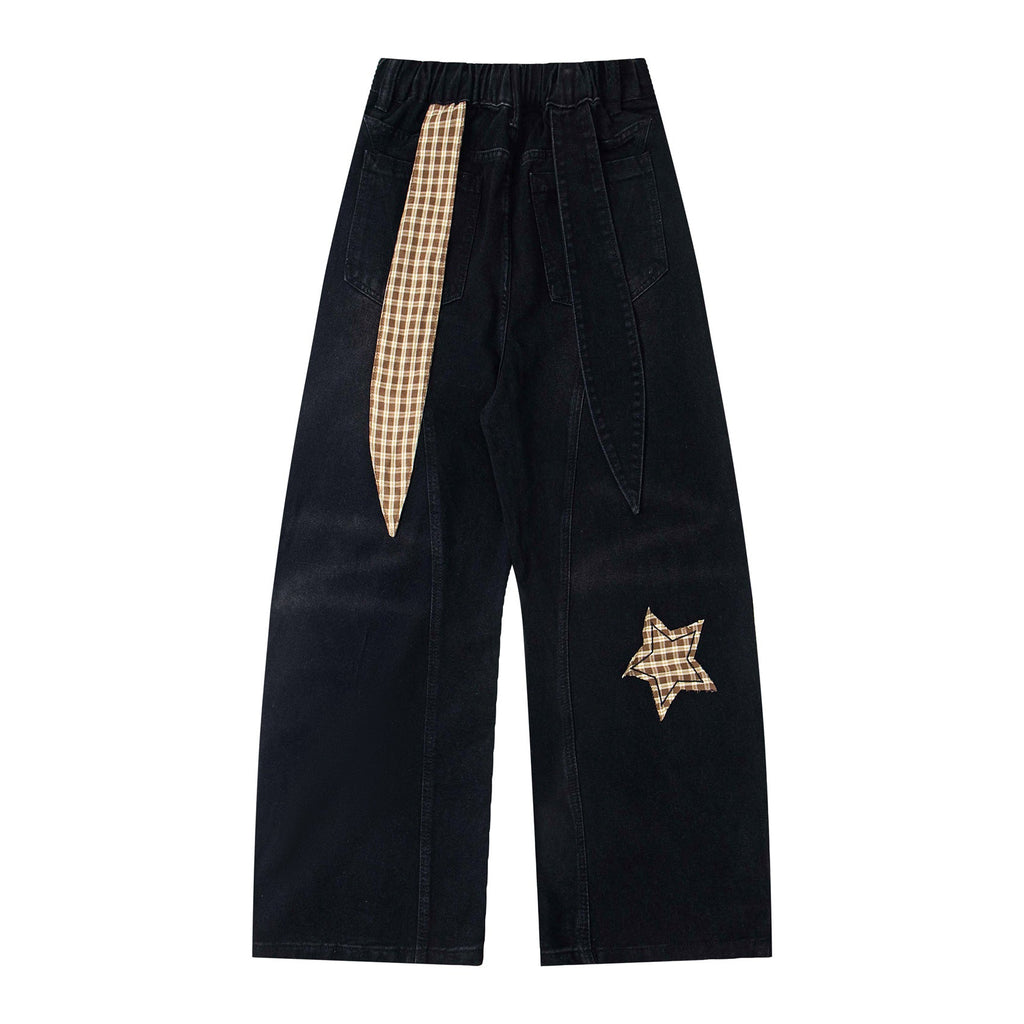 Retro Spliced Star Applique Embroidery Design Loose Casual Trendy Straight Jeans for Men and Women eprolo
