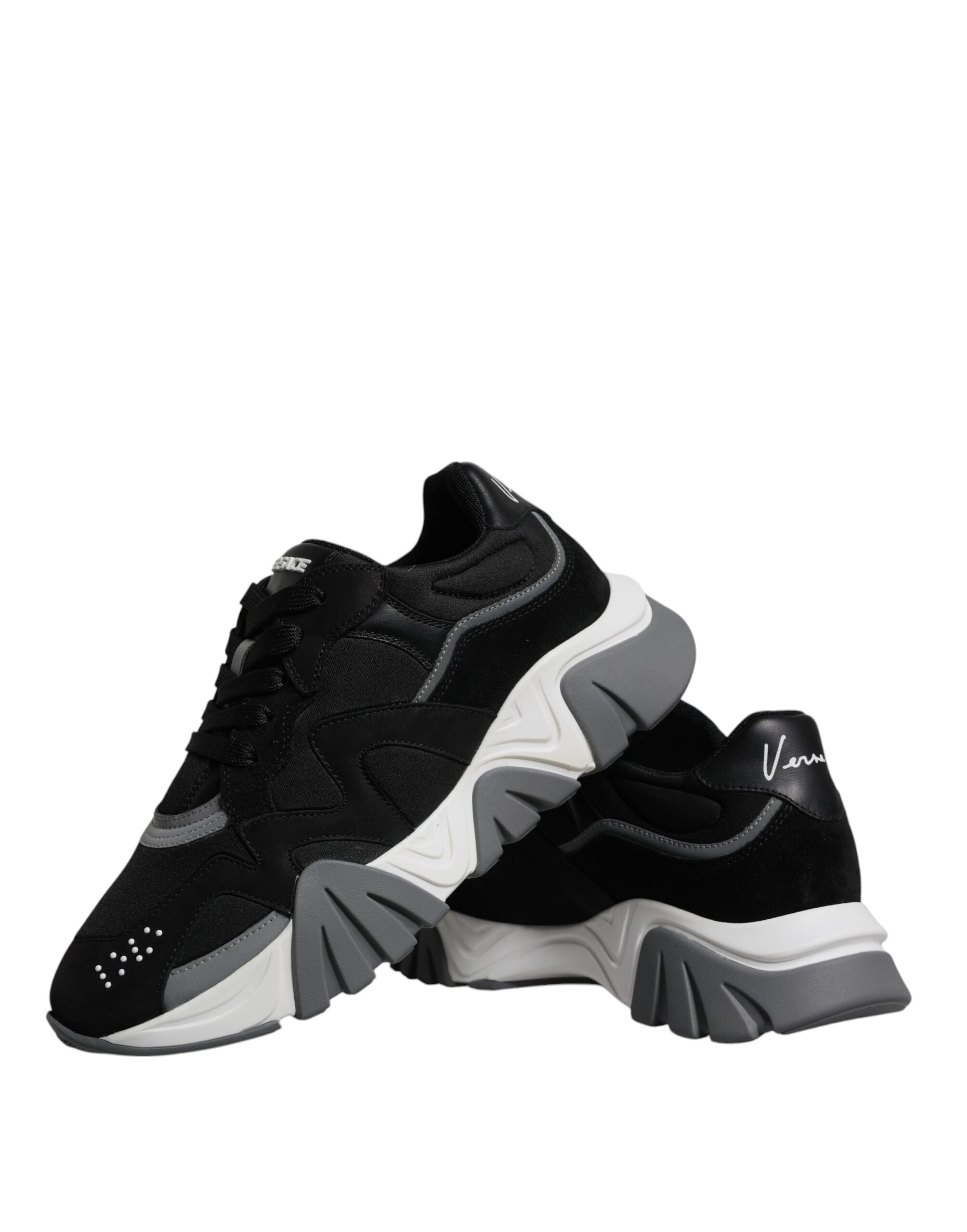 Versace Black Leather Neoprene Chunky Low Top Sneakers Squalo Shoes Versace