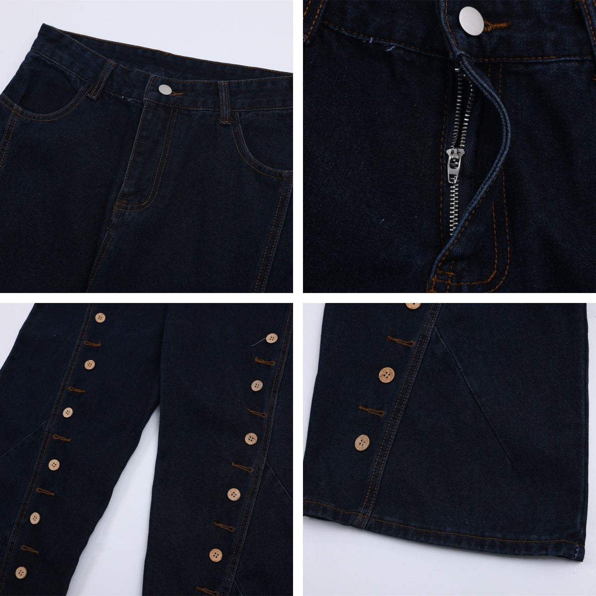Trendy Multi-Button Design Wide-Leg Jeans for Men and Women, Loose and Comfortable Floor-Length Trousers eprolo