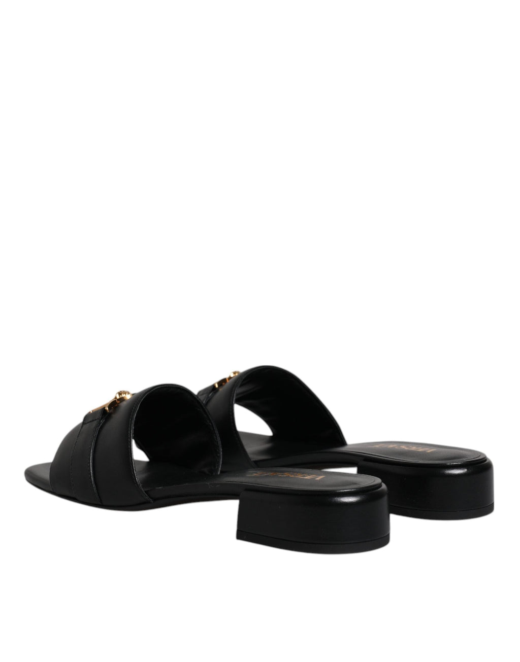 Versace Black Leather Logo Plaque Slip On Slides Flats Shoes Versace
