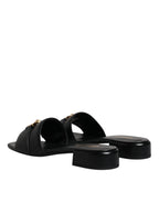 Versace Black Leather Logo Plaque Slip On Slides Flats Shoes Versace
