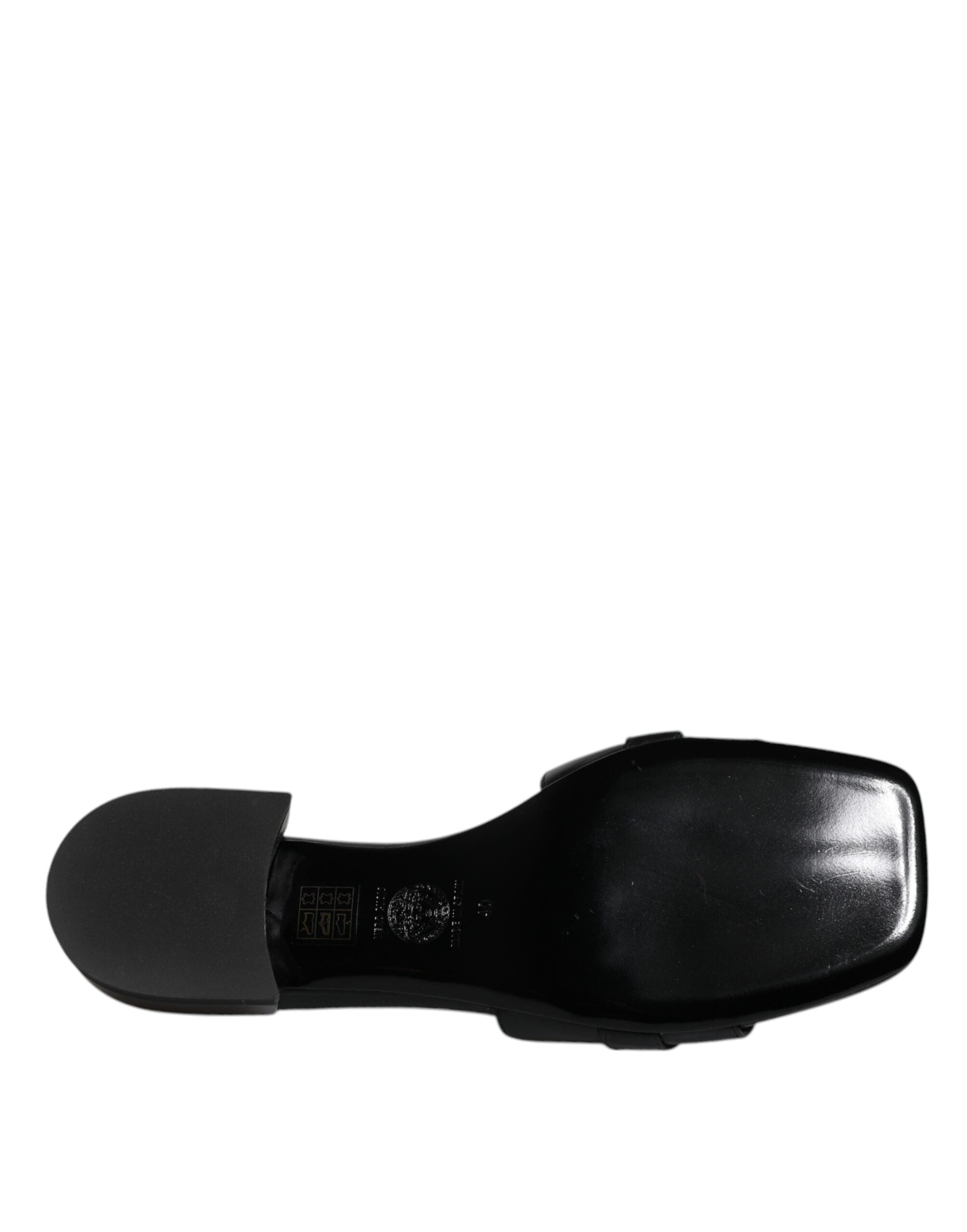 Versace Black Leather Logo Plaque Slip On Slides Flats Shoes Versace