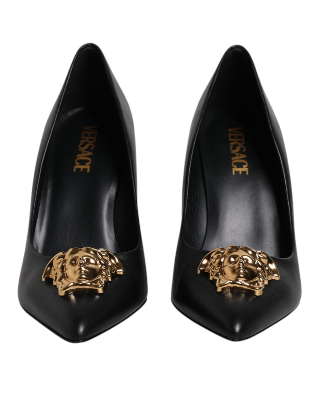 Versace Black Leather Logo Plaque High Heels Pumps Shoes Versace