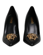 Versace Black Leather Logo Plaque High Heels Pumps Shoes Versace