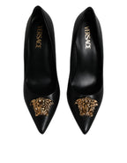 Versace Black Leather Logo Plaque High Heels Pumps Shoes Versace