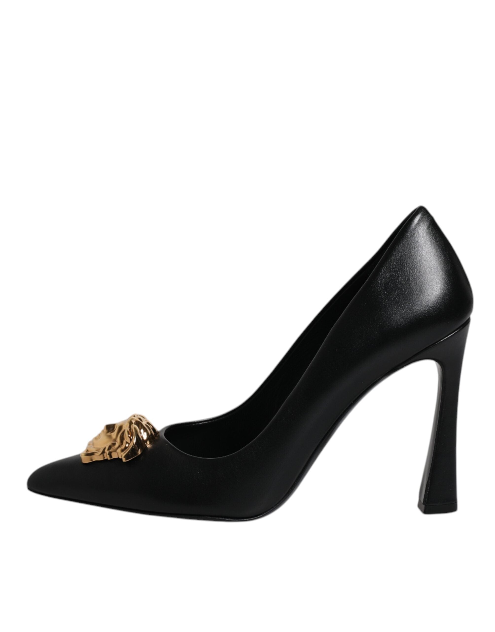 Versace Black Leather Logo Plaque High Heels Pumps Shoes Versace
