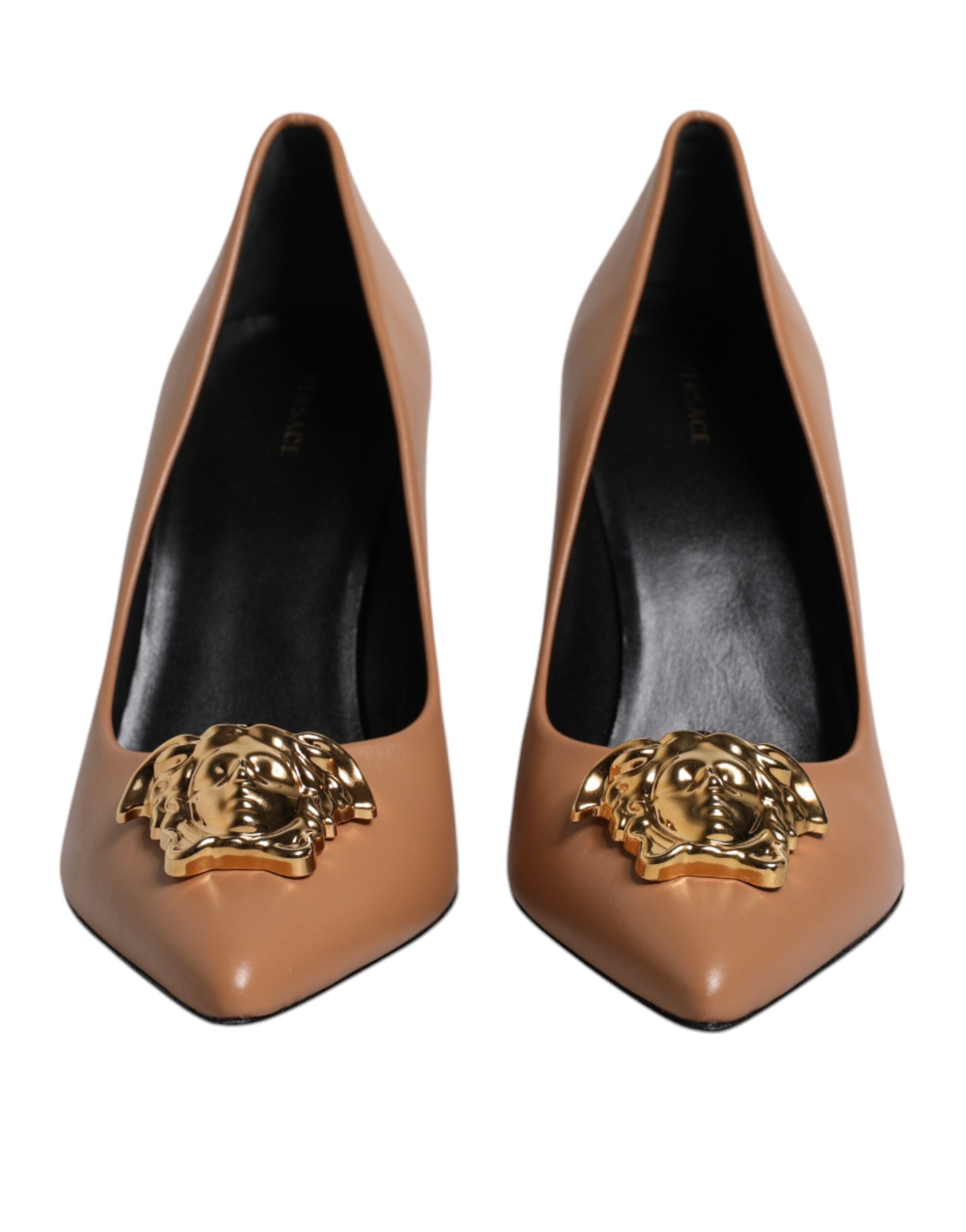 Versace Brown Leather Logo Plaque High Heels Pumps Shoes Versace