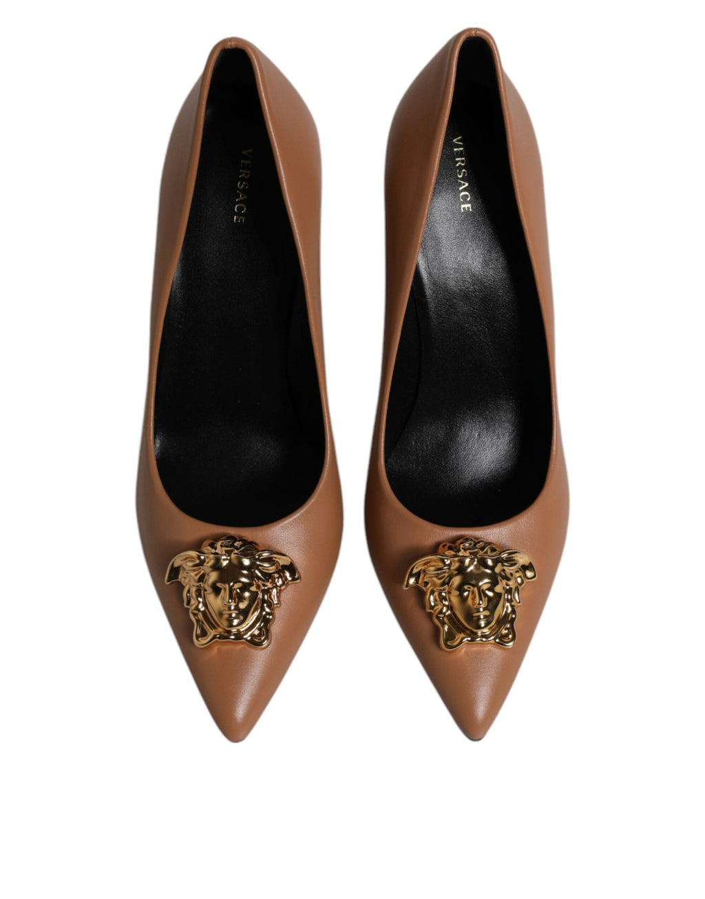 Versace Brown Leather Logo Plaque High Heels Pumps Shoes Versace