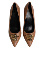Versace Brown Leather Logo Plaque High Heels Pumps Shoes Versace