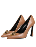 Versace Brown Leather Logo Plaque High Heels Pumps Shoes Versace
