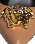 Versace Brown Leather Logo Plaque High Heels Pumps Shoes Versace