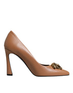 Versace Brown Leather Logo Plaque High Heels Pumps Shoes Versace