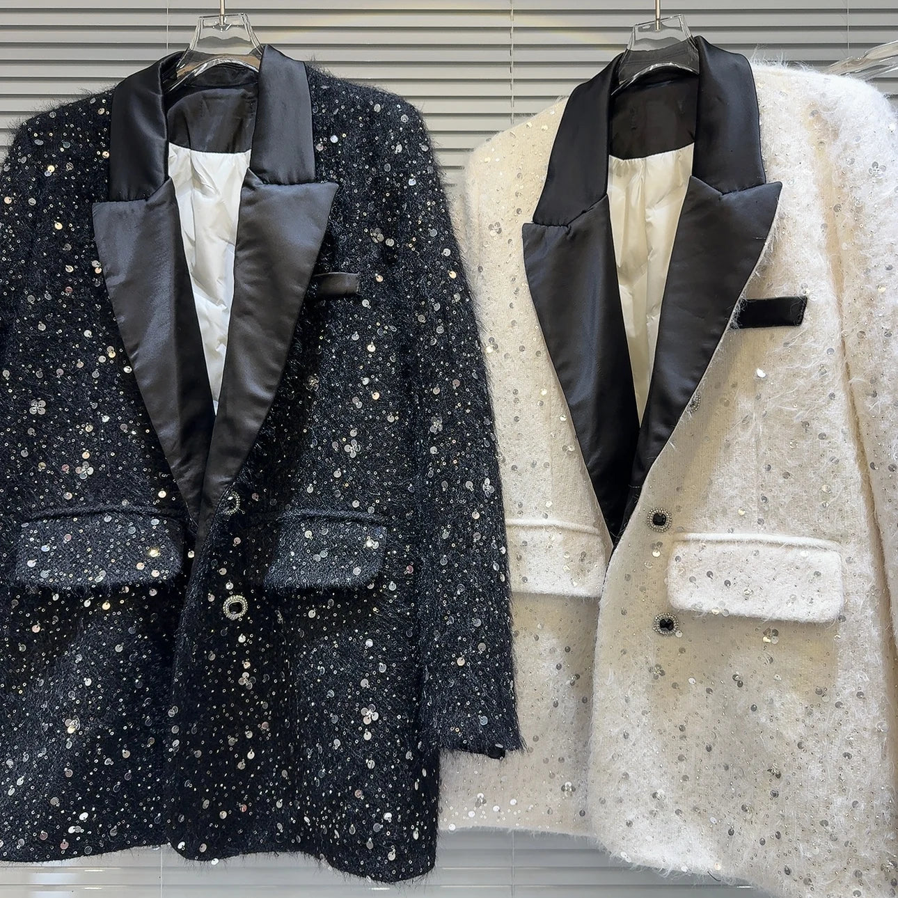 Trendy Fashion Women's Sequins Tweed Cotton Blazer Winter New Turn-down Collar Long Sleeve Button Coat Female eprolo