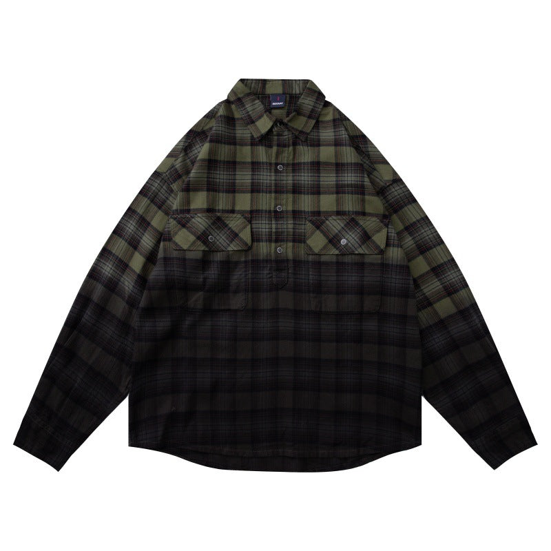 Gradient Dyed Loose Half-Open Chest Long Sleeve Plaid Shirt Men eprolo